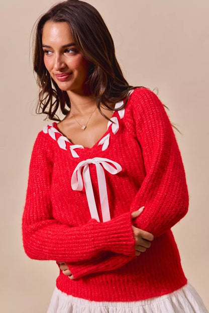SO ME Satin Tape Braided Ribbon Tie V Neck Sweater - Farnelli