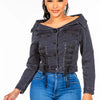 American Bazi Off Shoulder Lace Up Denim Jacket - Black