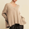 Davi & Dani Ribbed Side Slit V-Neck Sweater - Tan