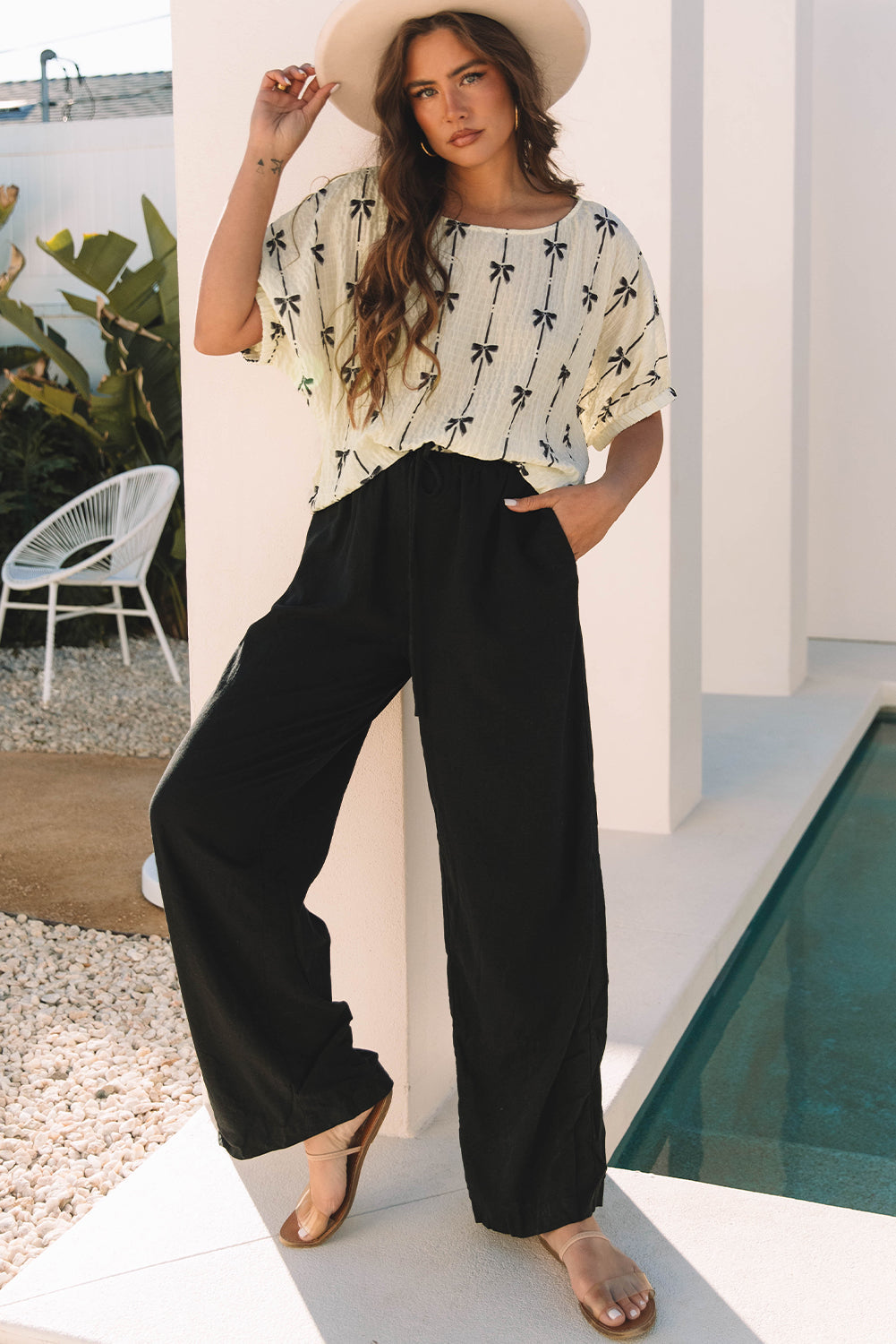 Aviana Bow Print Puff Short Sleeve Top - Farnelli