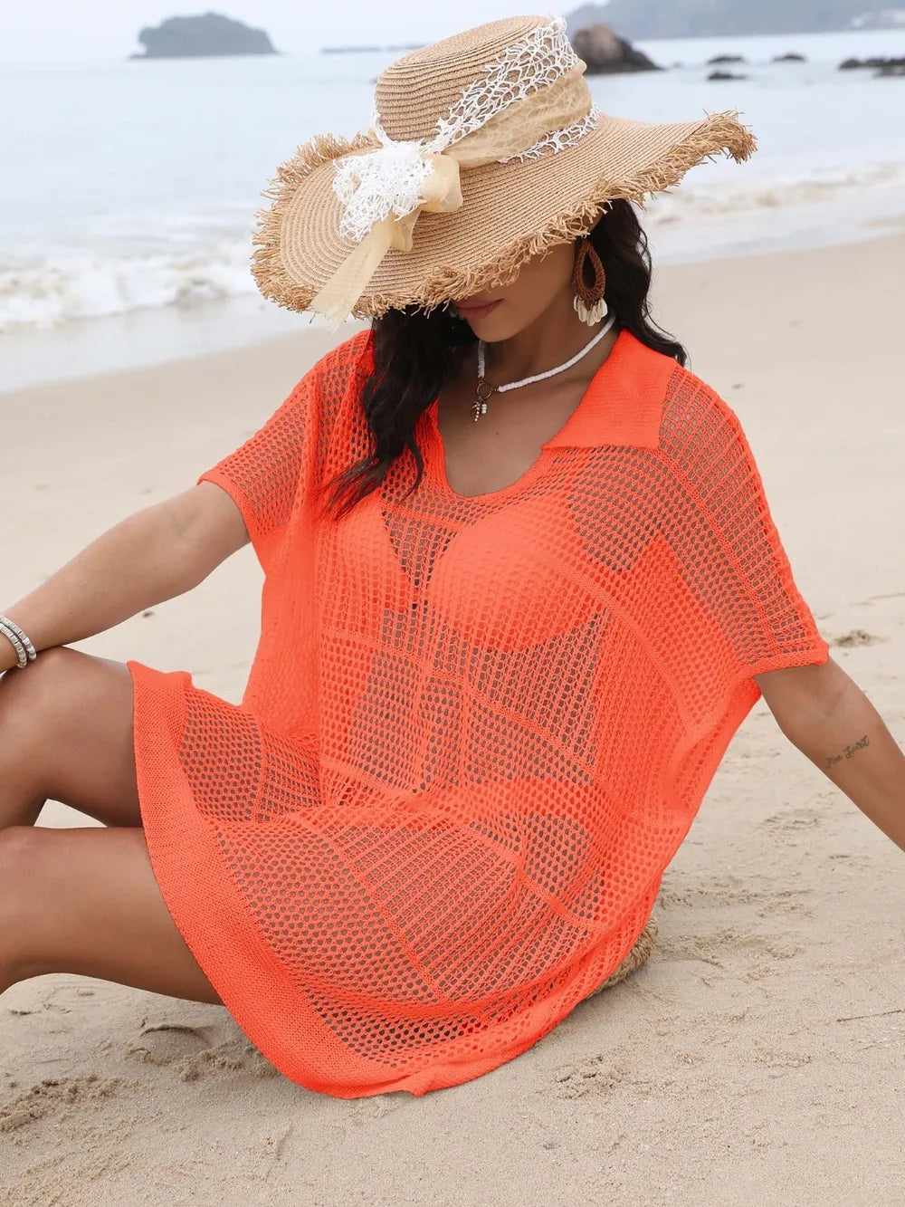 Hollow Out Collared Neck Cover-Up - Farnelli