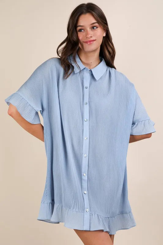 VERY J Pleated Detail Button Down Mini Dress - Farnelli