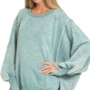 Zenana Acid Washed Batwing Sleeve Fleece Sweatshirt - ASH BLUE
