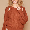 POL Cable Knit Cutout Long Sleeve Sweater - Fired Brick
