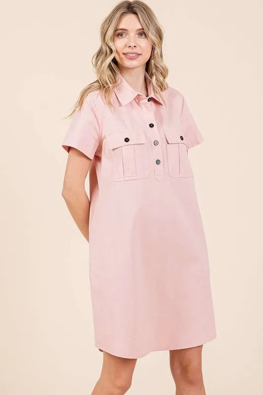 Mittoshop Button Detail Collared Neck Short Sleeve Shirt Dress - Farnelli