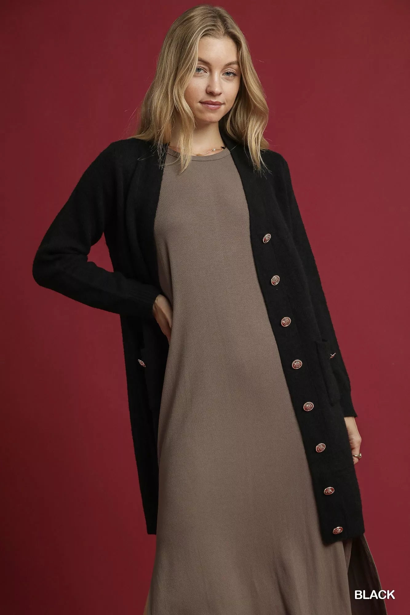 Umgee Button-Down Longline Sweater Cardigan with Front Pockets - Farnelli