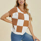 Double Take Full Size Checkered Round Neck Short Sleeve Sweater - Farnelli