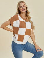 Double Take Full Size Checkered Round Neck Short Sleeve Sweater - Farnelli