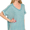 Zenana Acid Washed Double Gauze V-Neck Tee - DUSTY TEAL