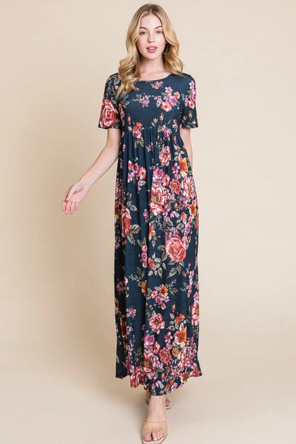 BOMBOM Floral Short Sleeve Maxi Dress - Farnelli