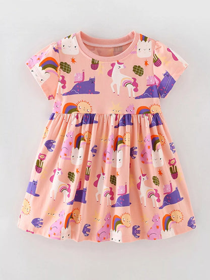 Children's Unicorn Print Casual Short Sleeve Dress - Farnelli