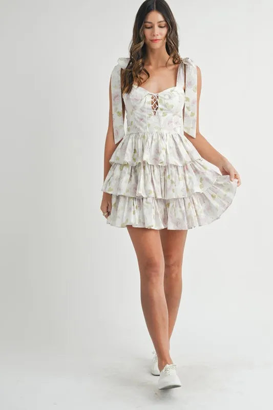 MABLE Floral Print Shoulder Tie Layered Mini Dress - Farnelli