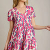 Umgee Full Size Abstract Print Pleat Detail Short Sleeve V-Neck Tiered Dress Plus Size - CREAMMIX