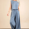 VERY J Solid Woven Top & Pants Set - Denim