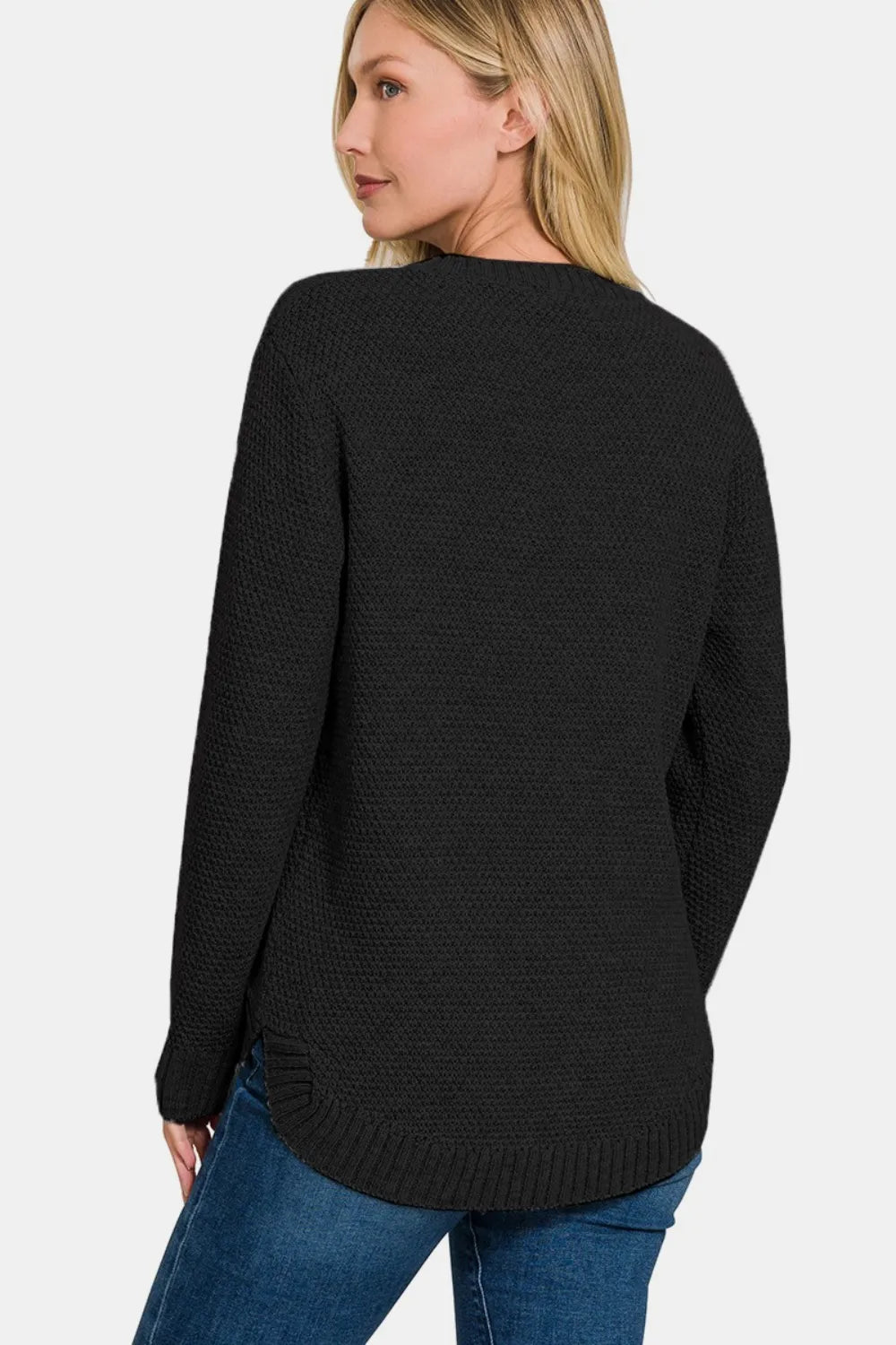 Zenana Full Size Round Neck Long Sleeve Curved Hem Sweater - Farnelli