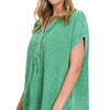 Zenana Washed Double Gauze 3/4 Button Henley Neck Shirt - K GREEN
