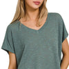 Zenana Hacci Slub V-neck Drop Shoulder Crop Top - ASH JADE
