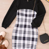 Children's Plaid Print Long Sleeve Dress Set - Black