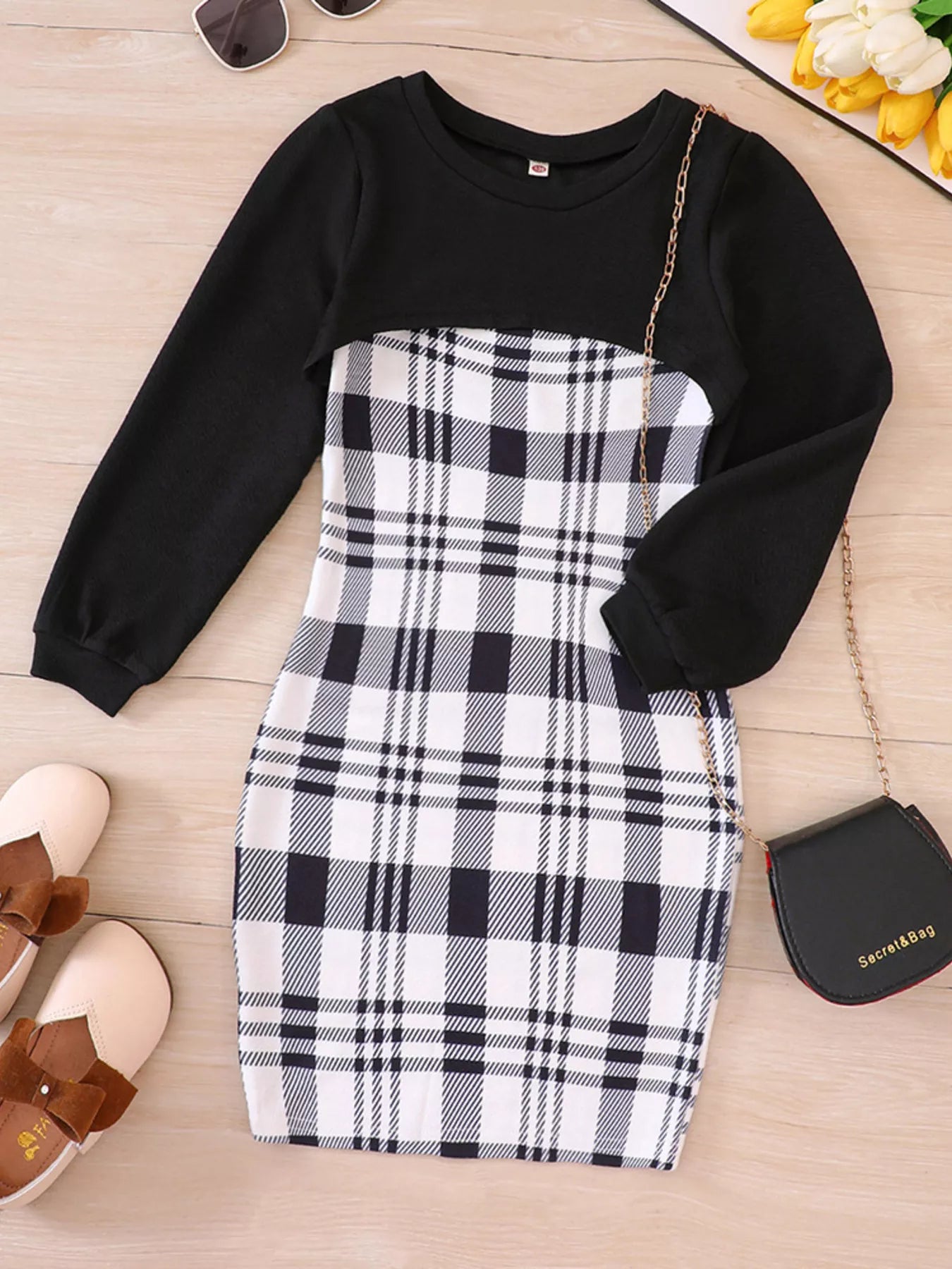 Children's Plaid Print Long Sleeve Dress Set - Farnelli