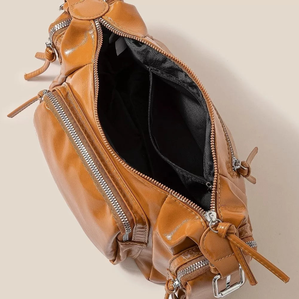 Fame Glossy Faux Leather Multi Pocket Hand Bag - Farnelli