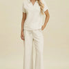 Double Take Full Size Collared Neck Short Sleeve Top and Pants Set - Cream