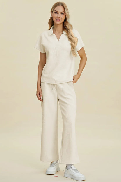 Double Take Full Size Collared Neck Short Sleeve Top and Pants Set - Farnelli