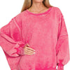 Zenana Acid Washed Batwing Sleeve Fleece Sweatshirt - FUCHSIA