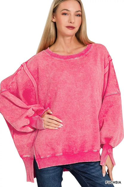 Zenana Acid Washed Batwing Sleeve Fleece Sweatshirt - Farnelli