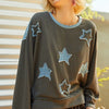 POL Exposed Seam Relaxed Fit Sweater with Star Denim Patch - CHARCOAL