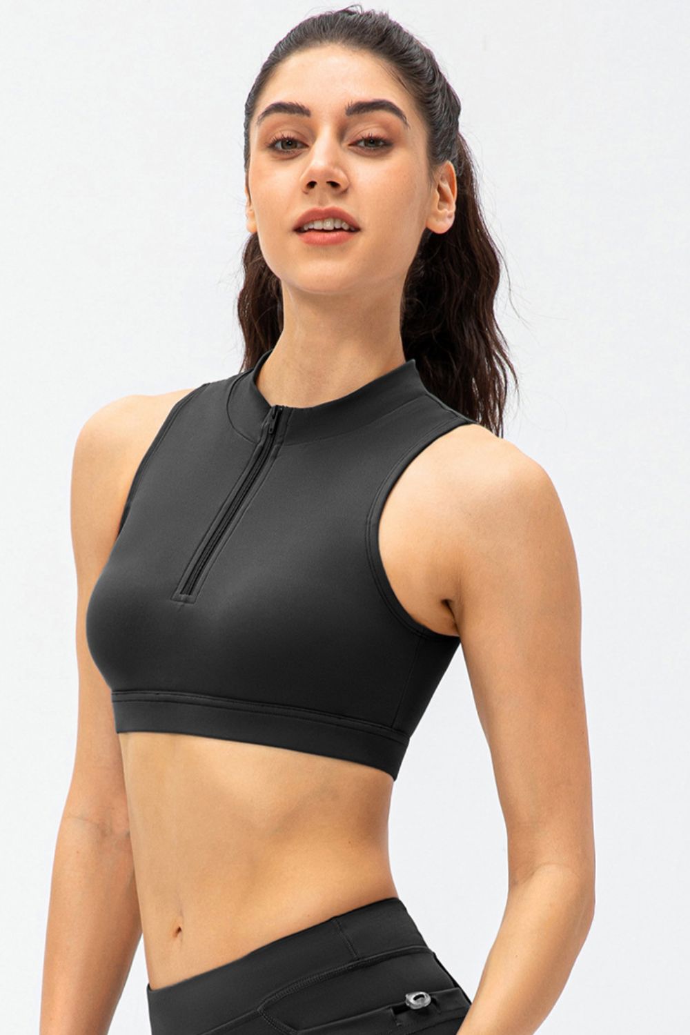 Full Size Cropped Cutout Back Zipper Front Active Tank Top - Farnelli