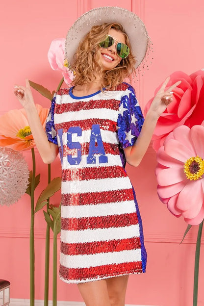 BiBi American Flag Theme Usa Print Sequin Dress - Farnelli
