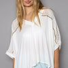 POL Oversize V-Neck Crochet Lace Contrast Studded Top - Ivory