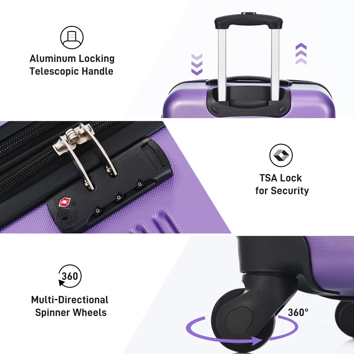 HouseOfZazla 3-piece hardside spinner luggage set with TSA locks in blue, purple, pink, and beige
