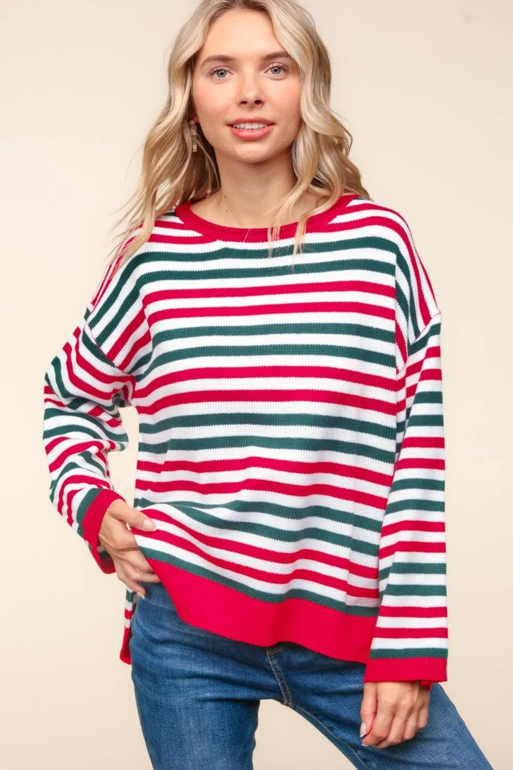 Haptics Full Size Striped Contrast Side Slit Knit Top - Farnelli