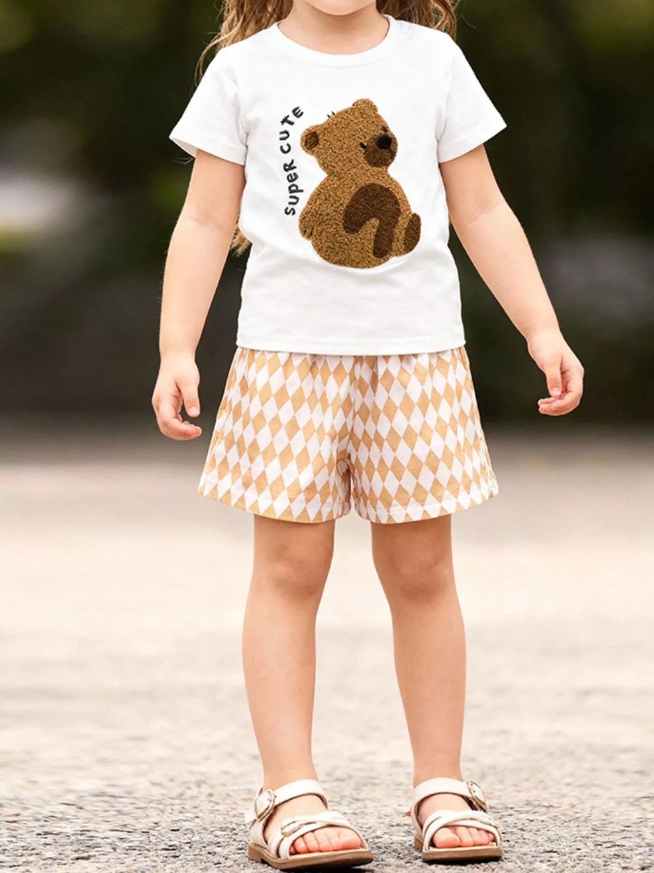 Children's Bear Graphic Tee & Diamond Pattern Shorts Set - Farnelli