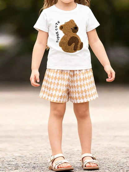 Children's Bear Graphic Tee & Diamond Pattern Shorts Set - Farnelli
