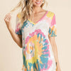 BiBi Circular Tie Dye Print V Neck Top - YELLOW ORANGE