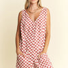 Jade By Jane Plus Size Back Tie Sleeveless Plaid Romper with Pockets - RED