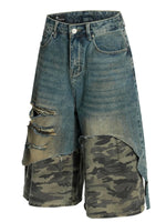 Men's Distressed Camo Patchwork Denim Shorts - Farnelli