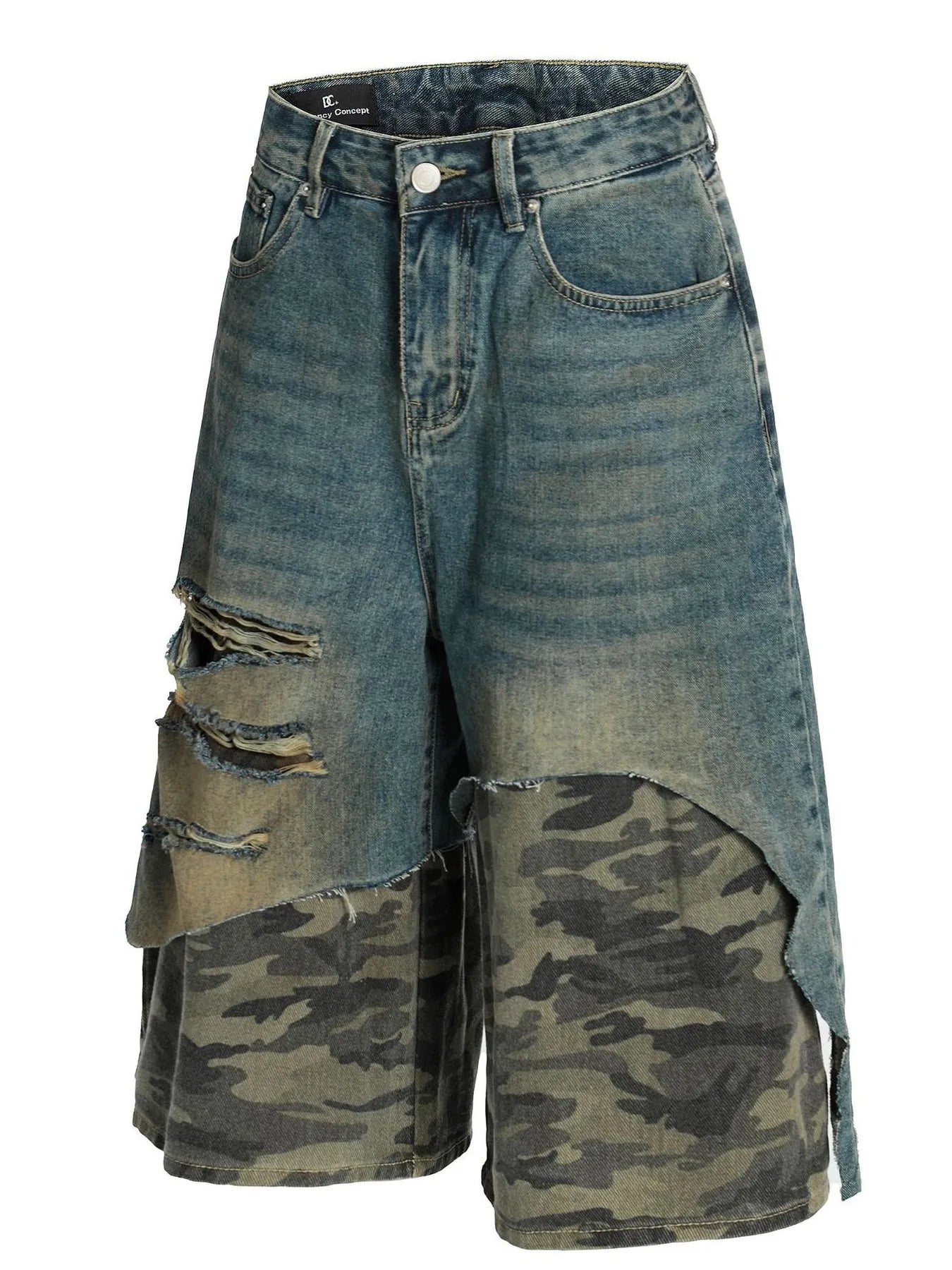 Men's Distressed Camo Patchwork Denim Shorts - Farnelli