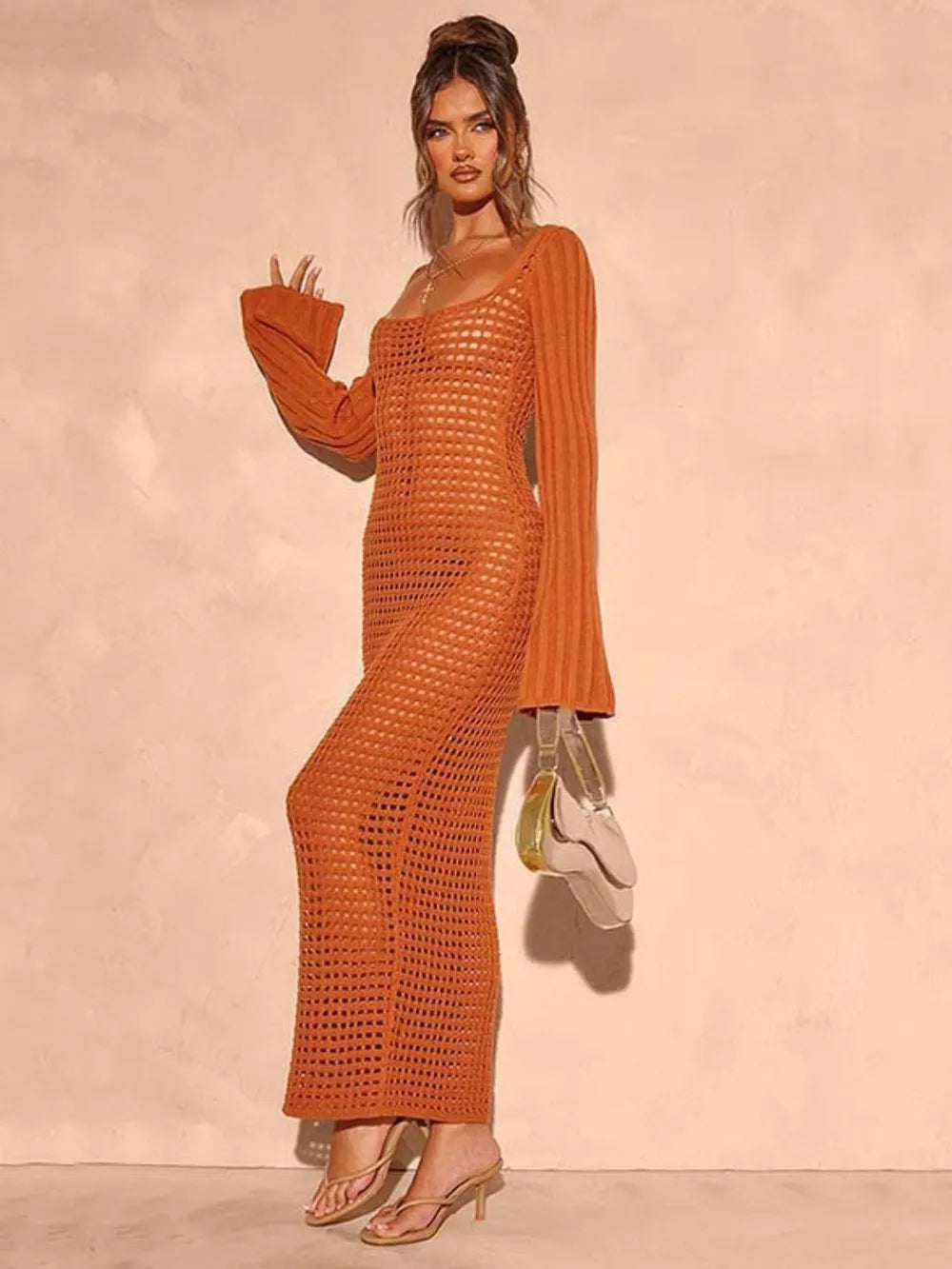 Openwork Square Neck Flare Sleeve Cover-Up Dress - Farnelli