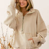BiBi Stitch Detailed Elastic Hem Half Zip Fleece Hoodie - OATMEAL