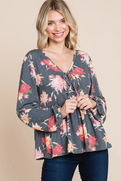 Super Lady Full Size Babydoll Floral Long Sleeve Blouse - Farnelli