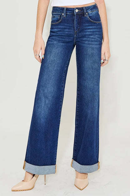RISEN Full Size Tummy Control High Rise Wide Leg Cuffed Jeans Plus Size - Farnelli