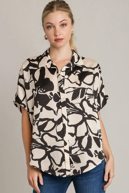 Umgee Full Size Two Tone Print Button Down Top with Hidden Plackets Plus Size - Farnelli