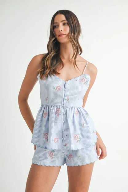 MABLE Stripe Embroidered Peplum Cami and Shorts Set - Farnelli