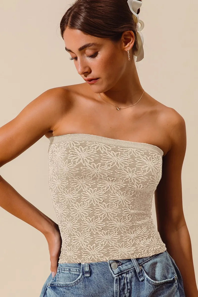 Trendsi SO ME Jacquard floral two-tone seamless tube top featuring intricate floral jacquard pattern and fitted design.