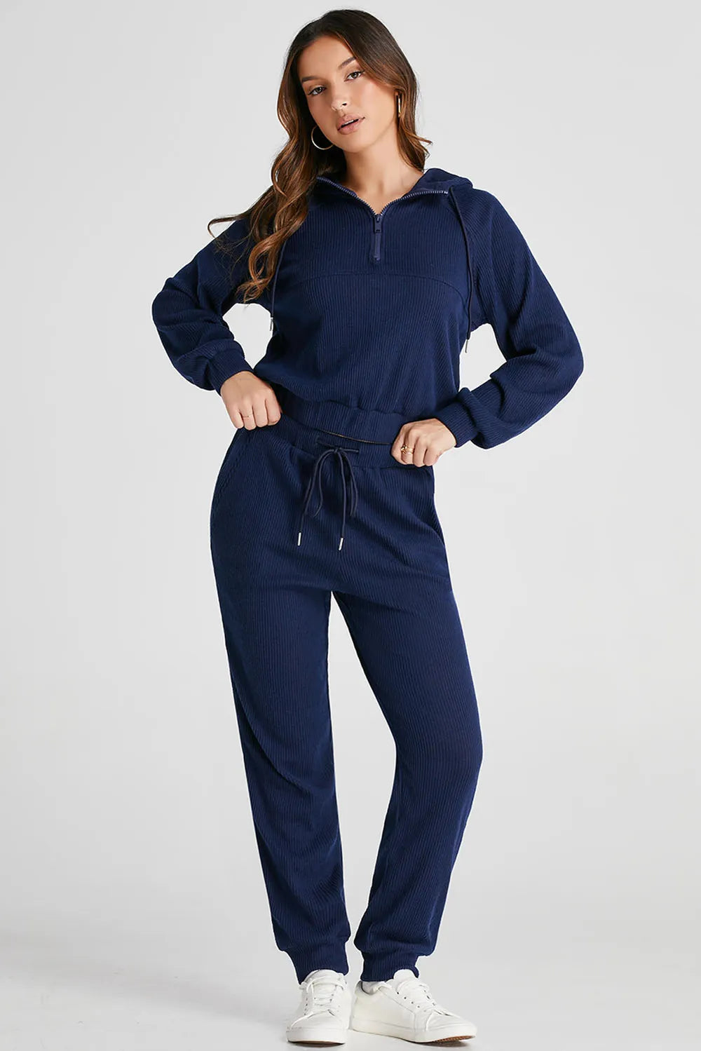 Drawstring Half Zip Hoodie and Joggers Active Set - Farnelli
