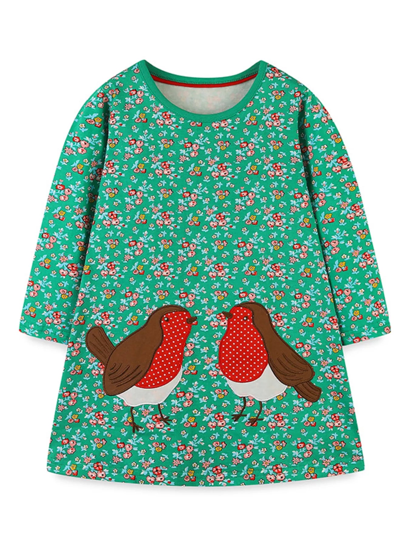 Children's Floral Print Bird Long Sleeve Dress - Farnelli