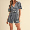 Mable Jewel Bow Decor Puff Sleeve Velvet Romper - Dusty Blue